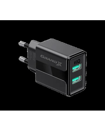 Зарядний пристрій 2X-USB Grand-X CH-15В 2 USB 5V/2.4A з захистом від перенавантаження, чорний